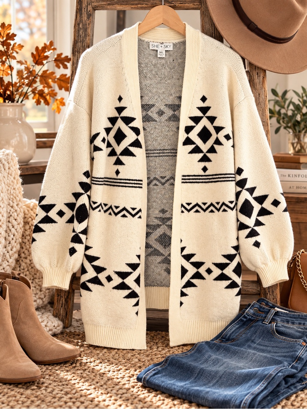 She + Sky Cream and Black Aztec Open-Front Cardigan